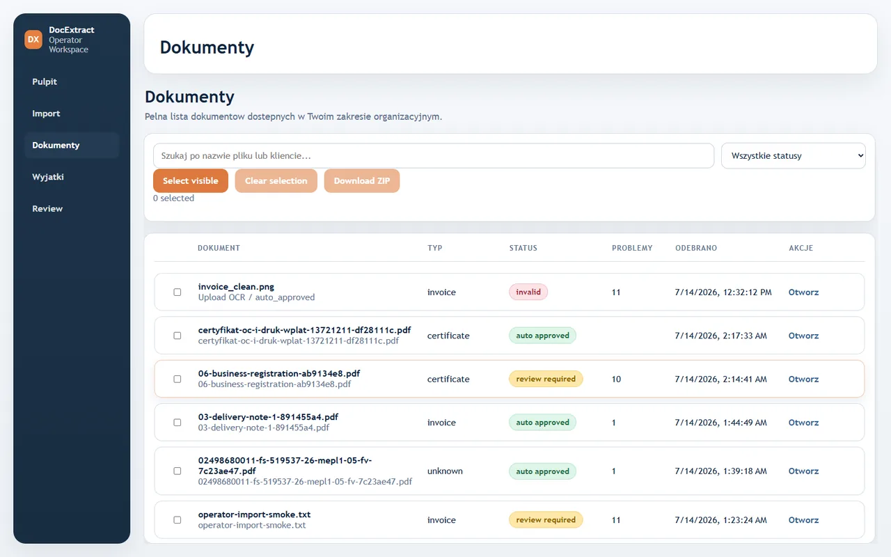 Lista dokumentów DocExtract z typem, statusem, liczbą problemów i datą odbioru