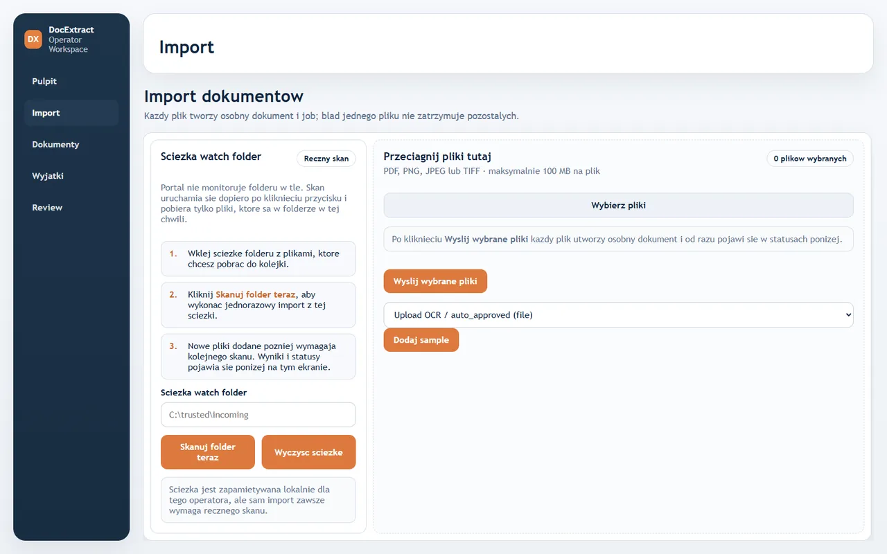 Ekran importu dokumentów do DocExtract z wyborem plików i skanem folderu